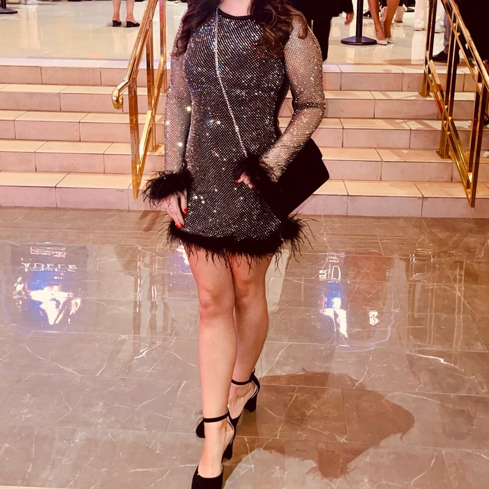 Rhinestone dress with feather detailing